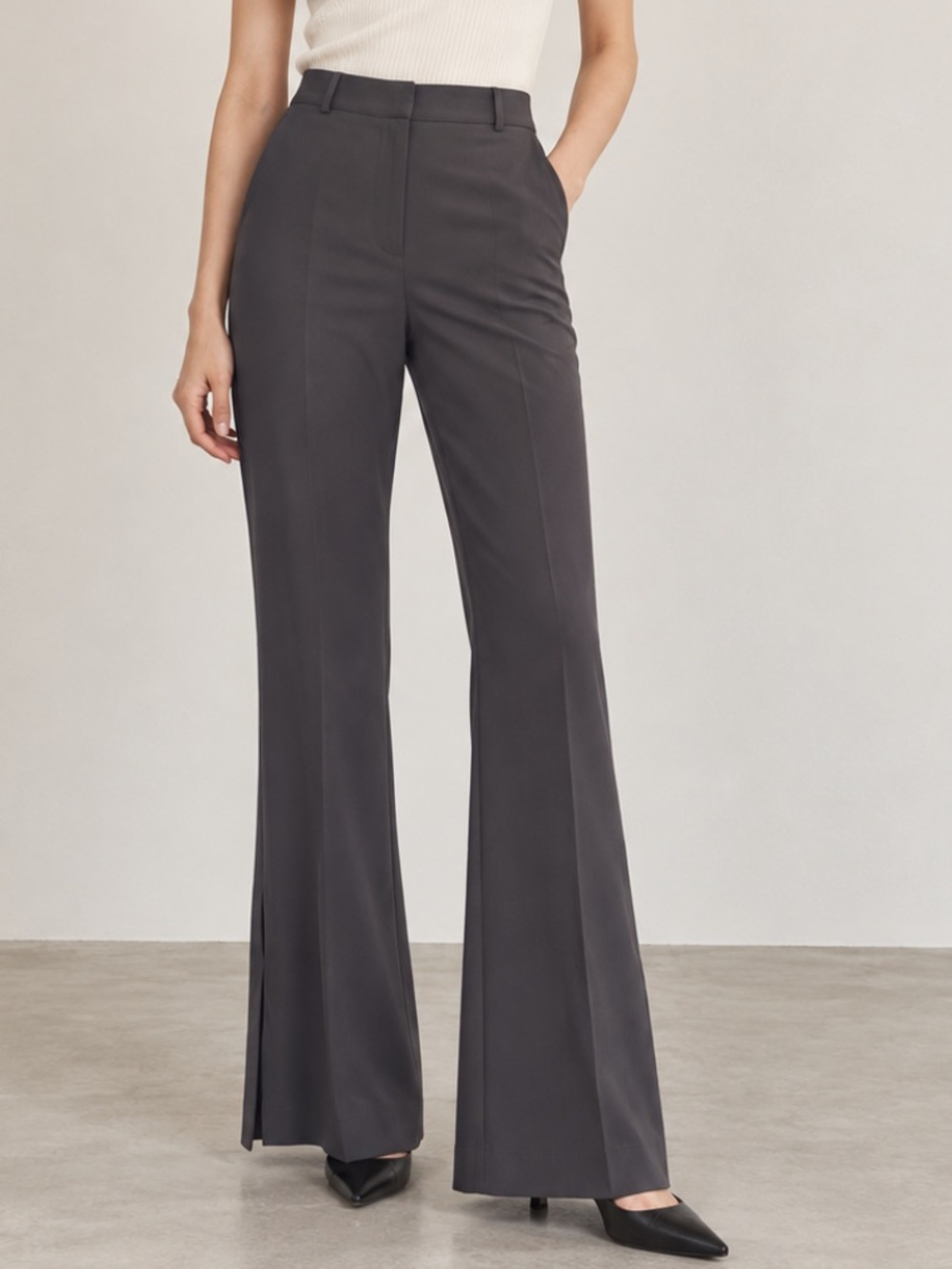 Meshki High Rise Flared Ankle Slit Trouser Crepe Pant Career Preppy Grey XS